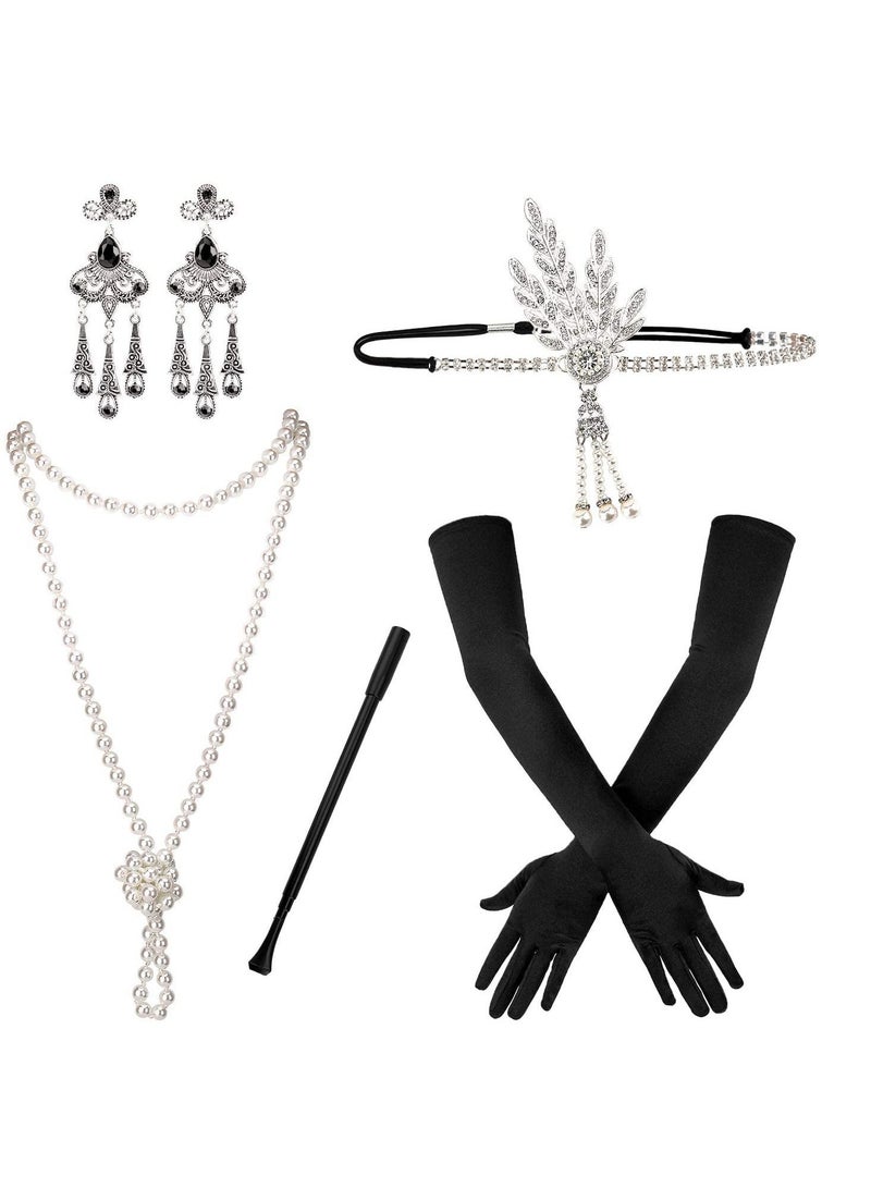 SYOSI 5pcs 1920s Flapper Accessories 20s Gatsby Costume Accessories Set for Women Headband Earrings Pearl Necklace Gloves  - Image 1