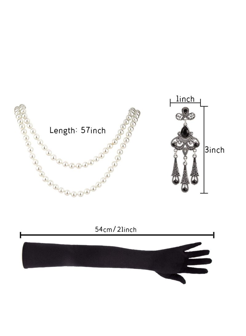 SYOSI 5pcs 1920s Flapper Accessories 20s Gatsby Costume Accessories Set for Women Headband Earrings Pearl Necklace Gloves  - Image 2
