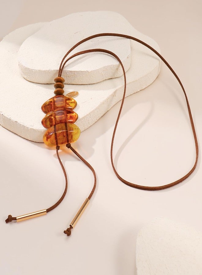 بوكار قلادة بوكار طويلة من الراتنج المخملي مع شرابة للنساء، قلادة طويلة للأزياء، هدية (NK-10804-بني كهرماني) - Image 3