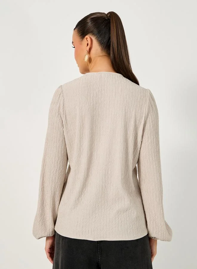 Styli Textured Balloon Sleeve V Neck Blouse