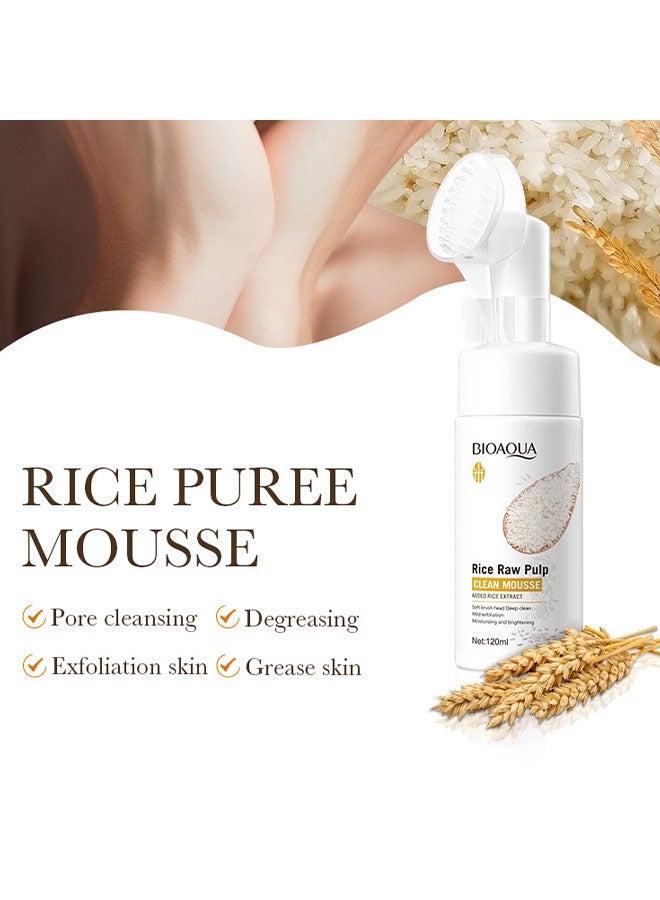 بيو أكوا عصارة الأرز الخام النقية موس، منظف للوجه، منظف وجه لطيف، غسول وجه رغوي مع فرشاة سيليكون، غسول وجه مرطب مع حمض أميني، غسول وجه رغوي مناسب لجميع أنواع البشرة 120 مل - Image 3