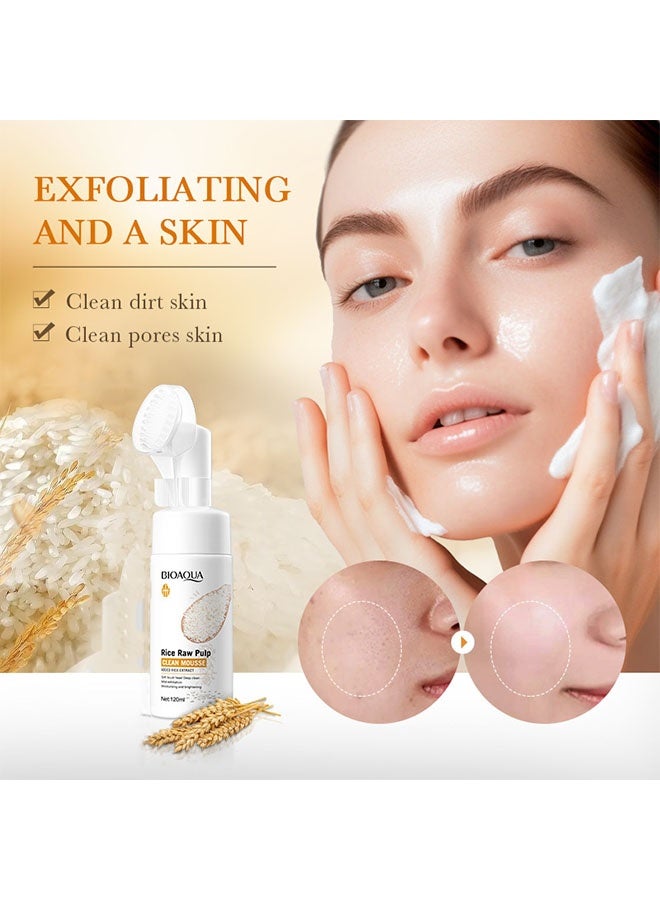 بيو أكوا عصارة الأرز الخام النقية موس، منظف للوجه، منظف وجه لطيف، غسول وجه رغوي مع فرشاة سيليكون، غسول وجه مرطب مع حمض أميني، غسول وجه رغوي مناسب لجميع أنواع البشرة 120 مل - Image 2