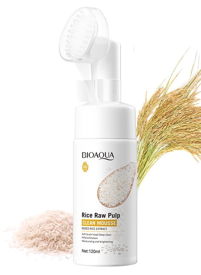 بيو أكوا عصارة الأرز الخام النقية موس، منظف للوجه، منظف وجه لطيف، غسول وجه رغوي مع فرشاة سيليكون، غسول وجه مرطب مع حمض أميني، غسول وجه رغوي مناسب لجميع أنواع البشرة 120 مل - Image 1