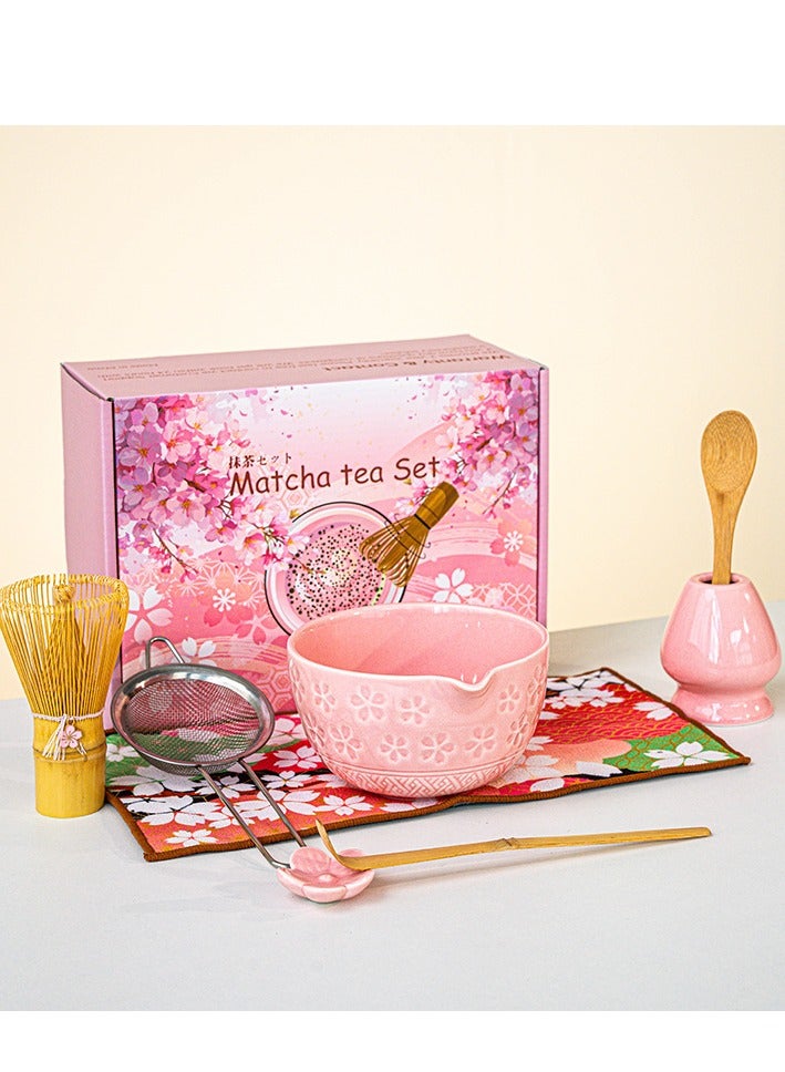 KINGMAZI 8 Pcs Matcha Whisk Set, Ceramic Matcha Set Includes Matcha Bowl, Matcha Whisk and Holder, Bamboo Scoop and Spoon, Sakura Scoop Rest, Sifter and Tea Towel - Matcha Kit for Matcha Lovers (Pink) - Image 1