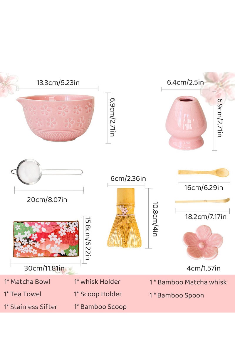 KINGMAZI 8 Pcs Matcha Whisk Set, Ceramic Matcha Set Includes Matcha Bowl, Matcha Whisk and Holder, Bamboo Scoop and Spoon, Sakura Scoop Rest, Sifter and Tea Towel - Matcha Kit for Matcha Lovers (Pink) - Image 2
