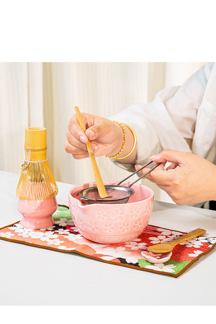 KINGMAZI 8 Pcs Matcha Whisk Set, Ceramic Matcha Set Includes Matcha Bowl, Matcha Whisk and Holder, Bamboo Scoop and Spoon, Sakura Scoop Rest, Sifter and Tea Towel - Matcha Kit for Matcha Lovers (Pink) - Image 3