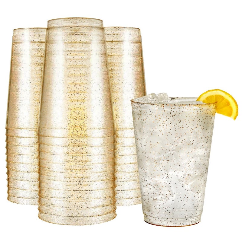 R-kay 12 oz Gold Glitter Plastic Cups For Party - 50 Pack Gold Plastic Cups - Hard Disposable Cups - Premium Heavy Duty Gold Cups - Disposable Cocktail Glasses - Party Cups (12 OZ  50  Count) - Image 1