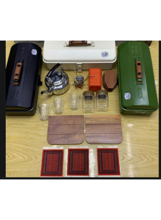 Tradeo Premium Outdoor Travel Tea Set – Portable Metal Box with Kettle, Gas Burner, Glass Cups, Spice Containers & Arabic Carpet Coasters - Image 3