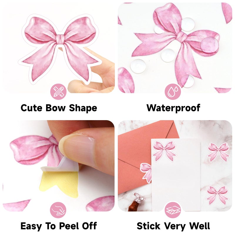 Anwyll Pink Bow Stickers - Coquette Bows Stickers 480Pcs Valentines Day Bow Sticker Self Adhesive Cute Watercolor Bowknot Girly Sticker for Water Bottle Envelope Seal Card Gift Baby Shower Party Decor - Image 3