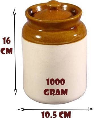 SHRIYAM CRAFTS طقم برطمانات مخلل سيراميكية مصنوعة يدويًا مع غطاء، طاولة طعام 1000 مل بني وأبيض عبوة من 1 (برطمانات 1 كجم) - Image 2