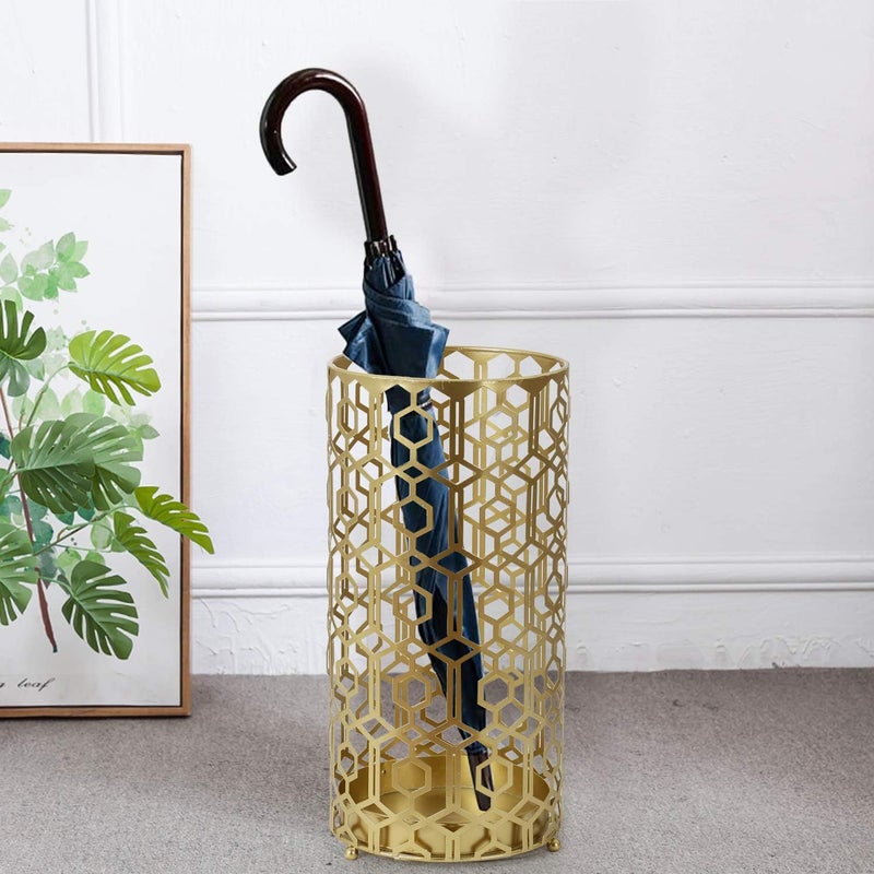 Adeco Metal Umbrella Stand Rack Holder Organizer Entryway Freestanding, for Canes, Walking Sticks, Gold Color - Image 1