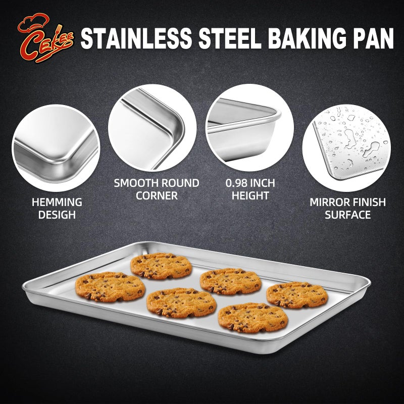 CEKEE 4 Pieces Baking Sheet Pan Tray  Cekee Stainless Steel Small Cookie Sheets For Baking  Baking Sheets For Oven  Warp Resistant & Heavy Duty & Rust Free Baking Pans Set - Size 9.3 X 6.9 X 0.98 Inch - Image 3