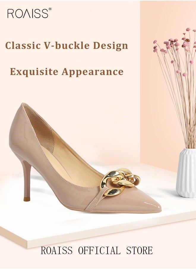 roaiss Womens Slingback Pumps Pointed Toe Low Heel Patent with Resin Buckle Women's Stiletto High Heels French Sandals - Image 1