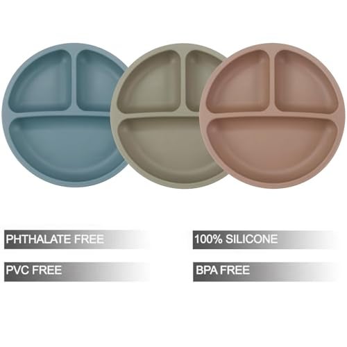 PandaEar Baby Feeding Set, 3 Pack Toddler Plates with 3 Spoons, 100% Silicone Divided Suction Plate for Babies, BPA-Free, Dishwasher and Microwave Safe -Blue/Red/Brown - Image 2