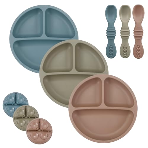 PandaEar Baby Feeding Set, 3 Pack Toddler Plates with 3 Spoons, 100% Silicone Divided Suction Plate for Babies, BPA-Free, Dishwasher and Microwave Safe -Blue/Red/Brown - Image 1