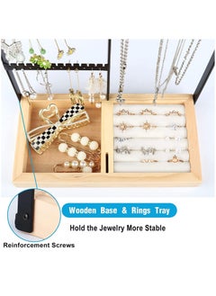Arabest Jewelry Organizer Stand Necklace Holder, 4 Tier Necklace Holder Stand with Wooden Tray, Jewelry Holder Stand for Rings Earrings Necklaces Bracelets, White Jewelry Stand (Black)  - Image 3