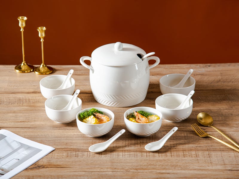 دوف طقم شوربة وأطباق من البورسلان الأبيض – 15 قطعة، يشمل ذبدية شوربة 10 بوصة، غطاء 7 بوصة، 6 أطباق 4.5 بوصة، ملعقة شوربة 9 بوصة، و6 ملاعق 5 بوصة