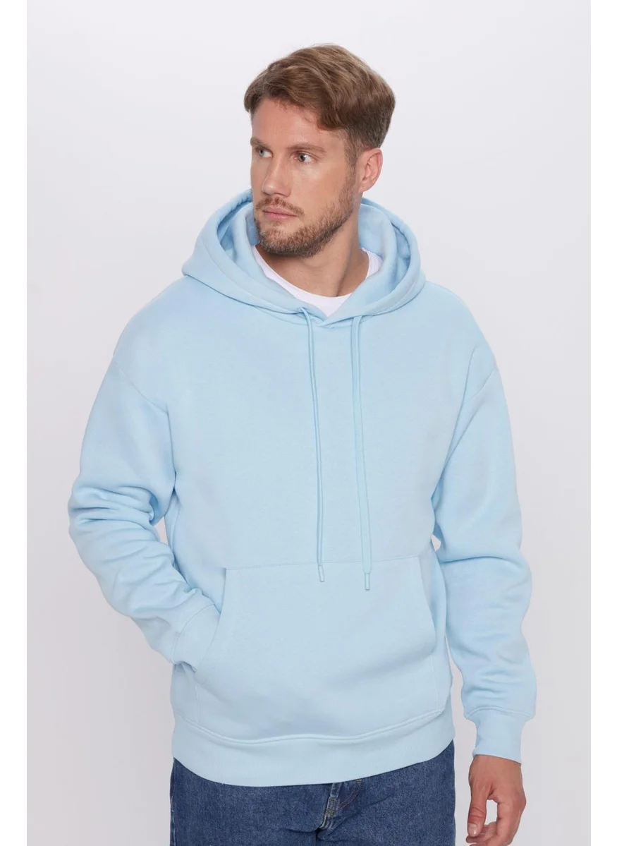 Tudors Unisex Oversize Wide Cut Cotton Soft Textured Polar Fleece Basic Blue Hooded Sweatshirt