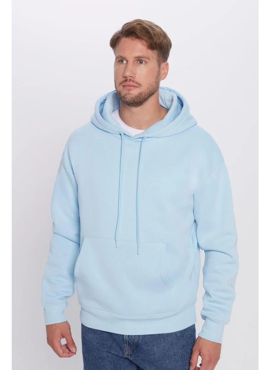 Tudors Unisex Oversize Wide Cut Cotton Soft Textured Polar Fleece Basic Blue Hooded Sweatshirt