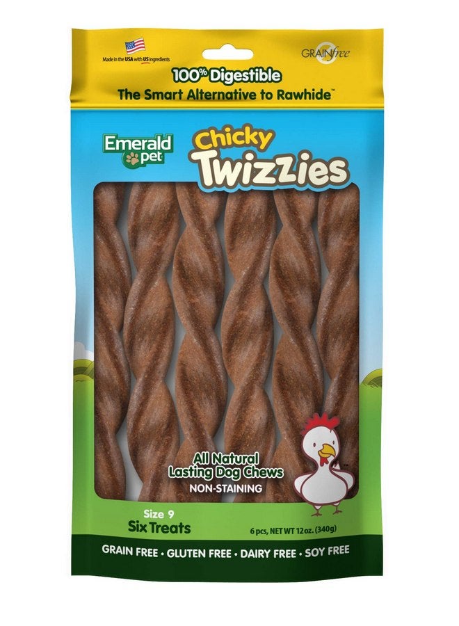 إميرالد بيت مكافآت مضغ طبيعية للكلاب من Emerald Pet Twizzies خالية من الجلد الخام، سهلة الهضم بنسبة 100%، صُنعت في الولايات المتحدة الأمريكية، مقاس 9 عبوة متعددة من Chicky Chicken - Image 1