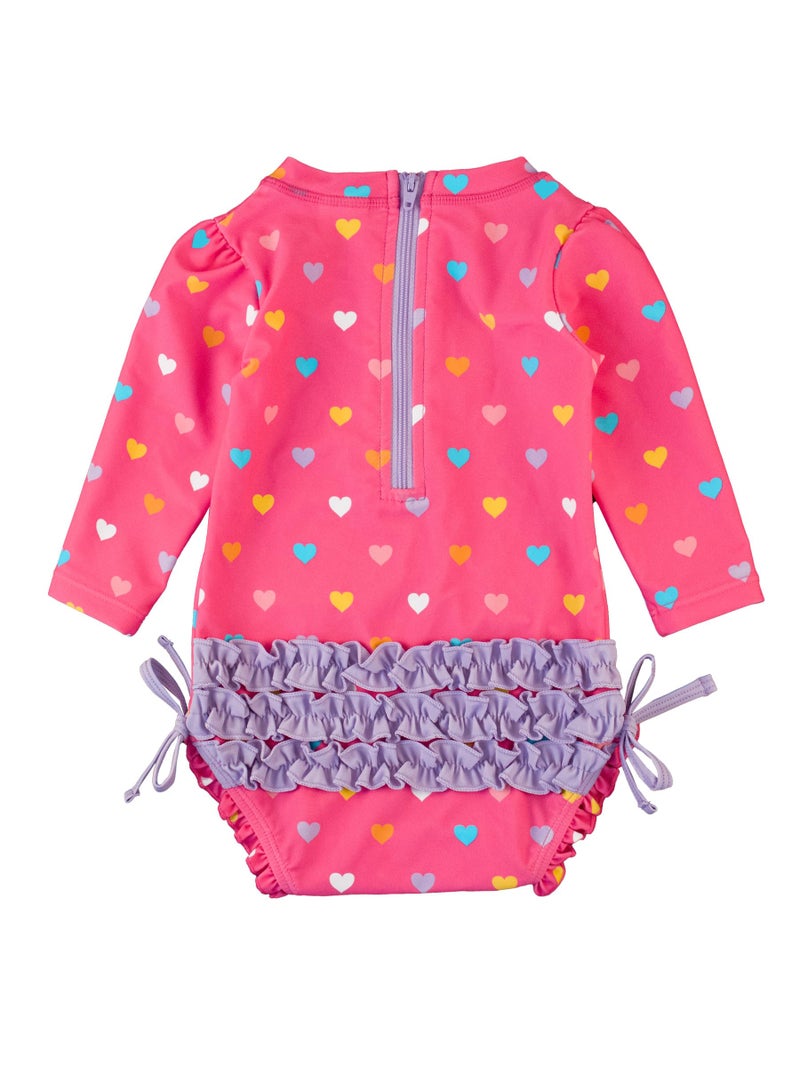 RuffleButts Baby Girls UPF 50+ Sun Protection Polka Dot Long Sleeve One Piece Rash Guard Swimsuit with Zipper - Colorful Hearts, 6-12m - Image 2