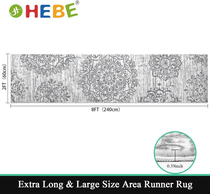 HEBE RUGS HEBE Hallway Runner Rug 2'x8' Washable Vintage Distressed Area Rugs Non Slip Laundry Rug Runner Boho Floor Carpet Runners for Hallways Entryway Laundry Room Kitchen Bathroom Grey  - Image 3