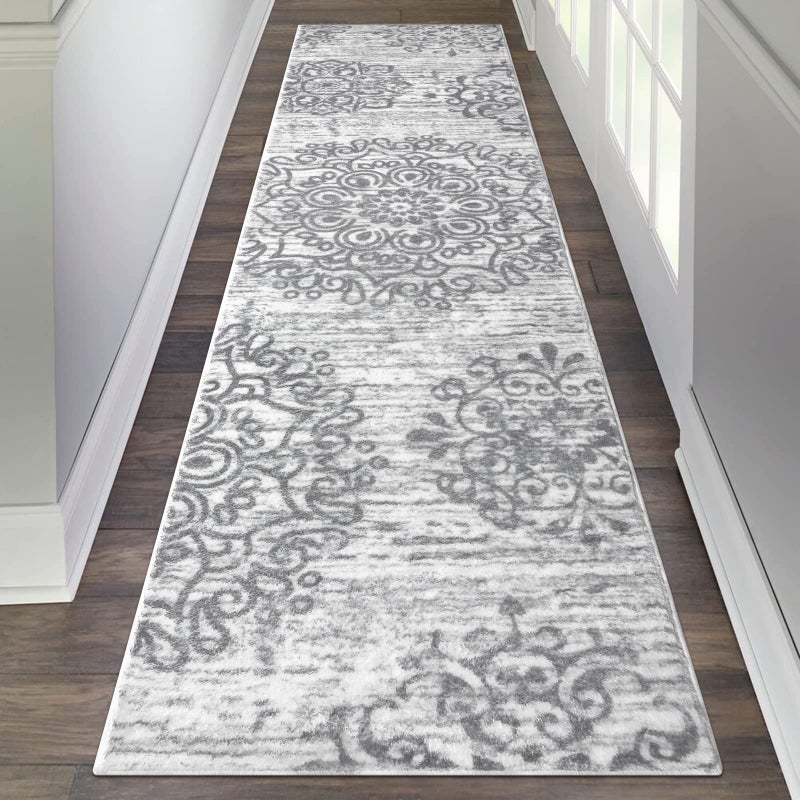 HEBE RUGS HEBE Hallway Runner Rug 2'x8' Washable Vintage Distressed Area Rugs Non Slip Laundry Rug Runner Boho Floor Carpet Runners for Hallways Entryway Laundry Room Kitchen Bathroom Grey  - Image 1