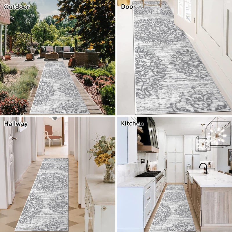 HEBE RUGS HEBE Hallway Runner Rug 2'x8' Washable Vintage Distressed Area Rugs Non Slip Laundry Rug Runner Boho Floor Carpet Runners for Hallways Entryway Laundry Room Kitchen Bathroom Grey  - Image 5