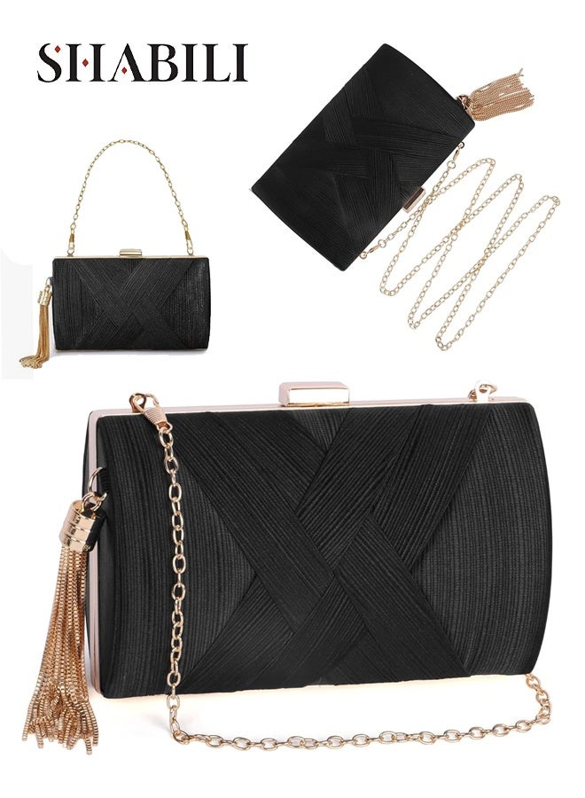 شبيلي حقيبة يد نسائية توت وحقيبة سهرة كلاتش، ساتان بتصميم شرابة صغيرة أنيقة وسلسلة كتف، مثالية للنساء والطالبات للاستخدام اليومي والرحلات والحفلات (أسود) - Image 1