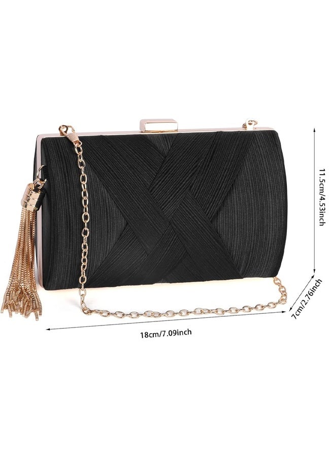 شبيلي حقيبة يد نسائية توت وحقيبة سهرة كلاتش، ساتان بتصميم شرابة صغيرة أنيقة وسلسلة كتف، مثالية للنساء والطالبات للاستخدام اليومي والرحلات والحفلات (أسود) - Image 3