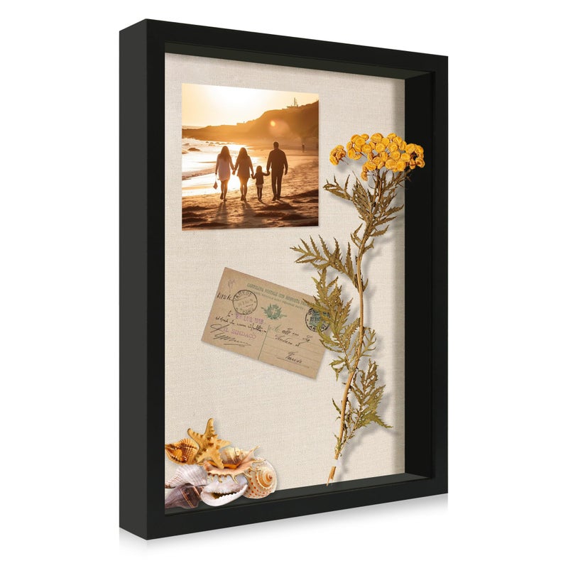 CCDCC 12x16 Large Shadow Box Picture Frame Display Case with Soft Linen Back Black Wooden Memory Shadow Box Frame with Tempered Glass Cover for Wall Display
