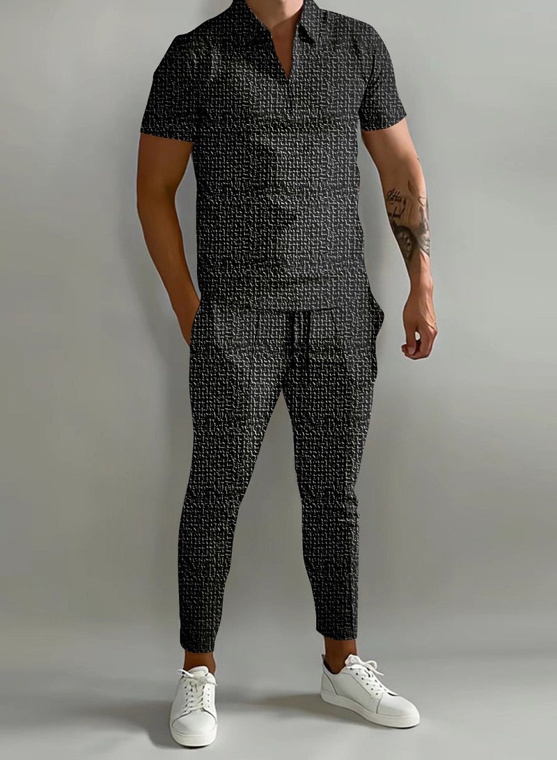 KUYING New Men's 3D Printed Gradient Short Sleeved Polo Pants Casual Two-Piece Set 