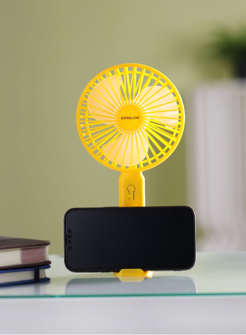 Epsilon Mini Portable Handheld USB Fan- EPSF215 /with 3 Wind Speeds, Rechargeable 300mAh Battery, Easy to Carry, Large Fan Size, Type C Charging/ Comes with Phone Holder Base and USB Cable, Powerful Cooling Fan for Travel, Outdoor, Home and Office/ Purple, Yellow, Green Color Variant - Image 5