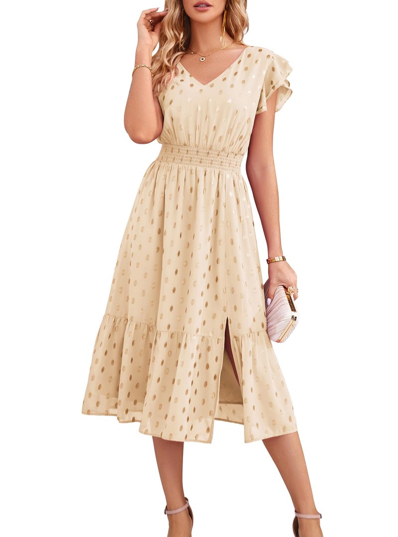 GRACE KARIN Womens Summer Dresses 2025 V Neck Ruffle Sleeve Polka Dot Dress A-Line Flowy Split Tiered Party Wedding Guest Dress Beige Dress L - Image 4