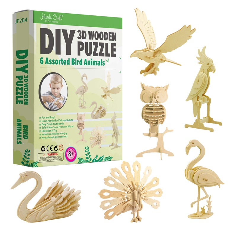 Hands Craft DIY 3D Wooden Puzzle â€“ 6 Assorted Wild Animals Bundle Pack Set Brain Teaser Puzzles Educational STEM Toy Adults and Kids to Build Safe and Non-Toxic Easy Punch Out Premium Wood JP2B8 - Image 1
