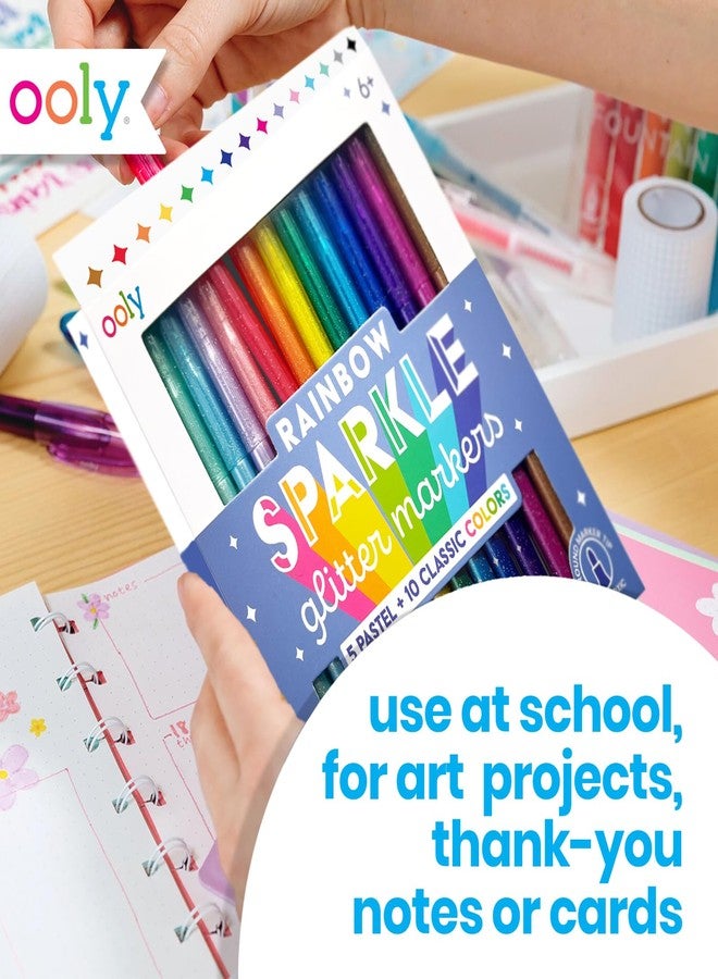 Ooly Rainbow Sparkle Glitter Markers Set of 15, Includes 5 Pastel & 10 Classic Color Markers, Glittery & Sparkling Marker for Kids, 2mm Nib for Medium Sized Lines - GLITTER VARIETY PACK - Image 5