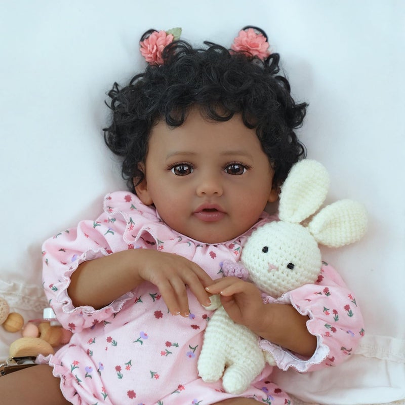 SCOM Black Reborn Baby Doll - 18 Inch Realistic African American Girl, Looking Real Lifelike Baby with Soft Cloth, Newborn Weighted Brown Hispanic Doll with Full Vinyl Body for 3 4 5 6 + Year Old Gift - Image 2