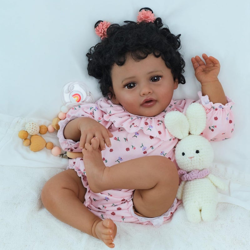 SCOM Black Reborn Baby Doll - 18 Inch Realistic African American Girl, Looking Real Lifelike Baby with Soft Cloth, Newborn Weighted Brown Hispanic Doll with Full Vinyl Body for 3 4 5 6 + Year Old Gift - Image 4