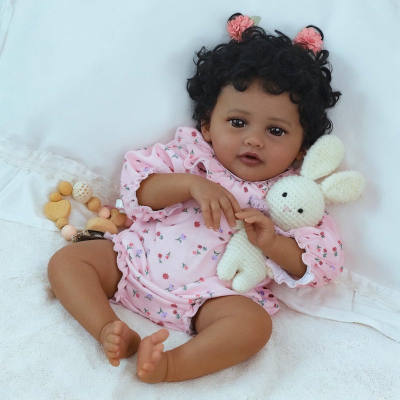 SCOM Black Reborn Baby Doll - 18 Inch Realistic African American Girl, Looking Real Lifelike Baby with Soft Cloth, Newborn Weighted Brown Hispanic Doll with Full Vinyl Body for 3 4 5 6 + Year Old Gift - Image 5