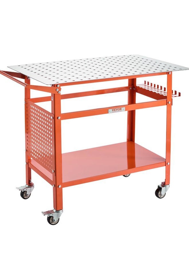VEVOR Welding Table, 1016 x 609.6 x 914.4 mm Welding Bench with 362 kg Static Load Capacity, Mounting Table with 4 Wheels (2 with Brake), Double Layer Shelf and 5/8 Inch Mounting Holes - Image 1