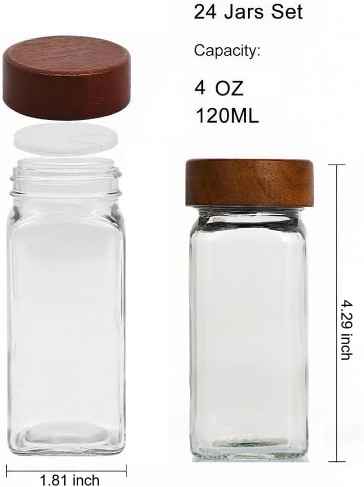 SAGREENY 24 Pcs Spice Jars, 4oz Seasoning Containers with Acacia Wood Shaker Lids, Glass Spice Bottles with Labels, Square Seasoning Organizer, Silicone Collapsible Funnel, Kitchen Spice Container - Image 2