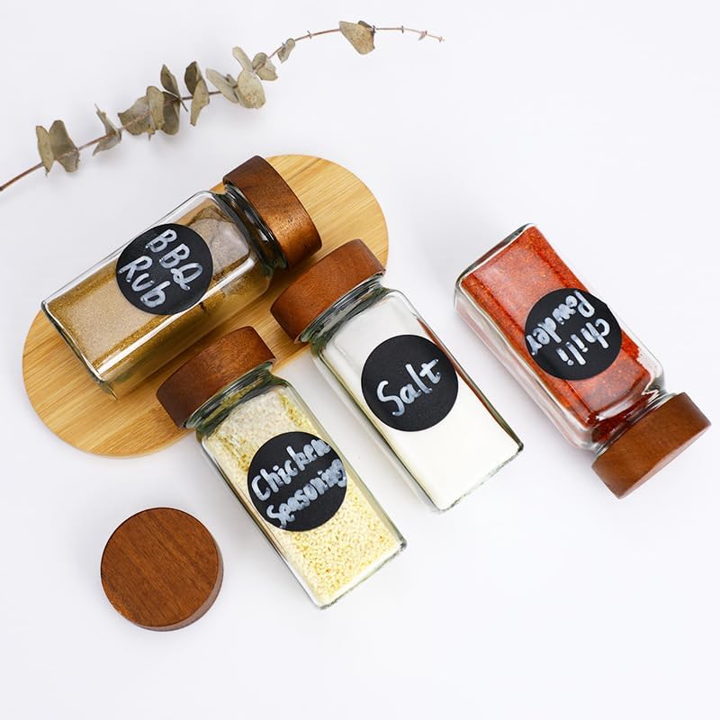 SAGREENY 24 Pcs Spice Jars, 4oz Seasoning Containers with Acacia Wood Shaker Lids, Glass Spice Bottles with Labels, Square Seasoning Organizer, Silicone Collapsible Funnel, Kitchen Spice Container - Image 5
