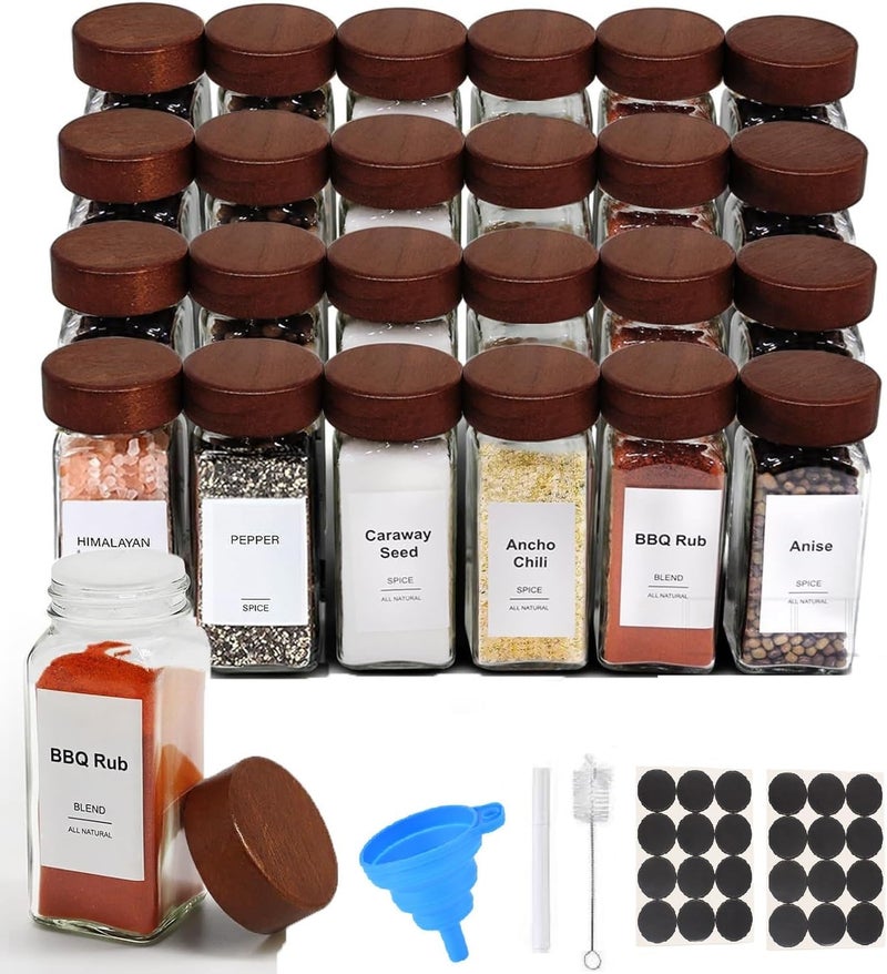 SAGREENY 24 Pcs Spice Jars, 4oz Seasoning Containers with Acacia Wood Shaker Lids, Glass Spice Bottles with Labels, Square Seasoning Organizer, Silicone Collapsible Funnel, Kitchen Spice Container - Image 1