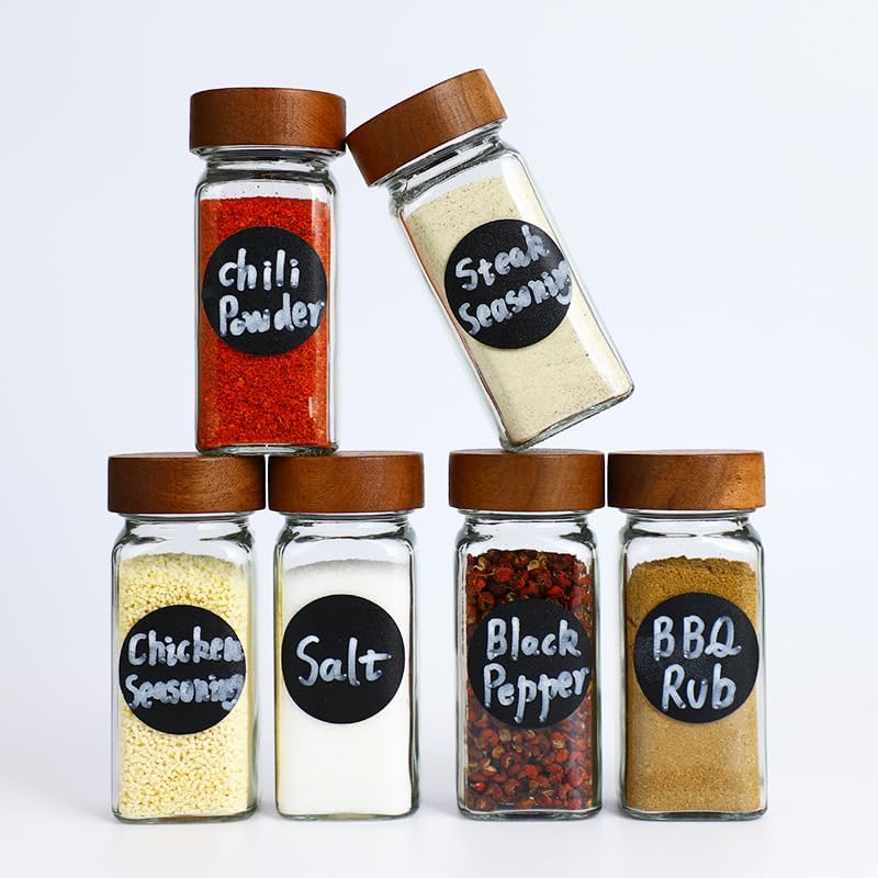 SAGREENY 24 Pcs Spice Jars, 4oz Seasoning Containers with Acacia Wood Shaker Lids, Glass Spice Bottles with Labels, Square Seasoning Organizer, Silicone Collapsible Funnel, Kitchen Spice Container - Image 4