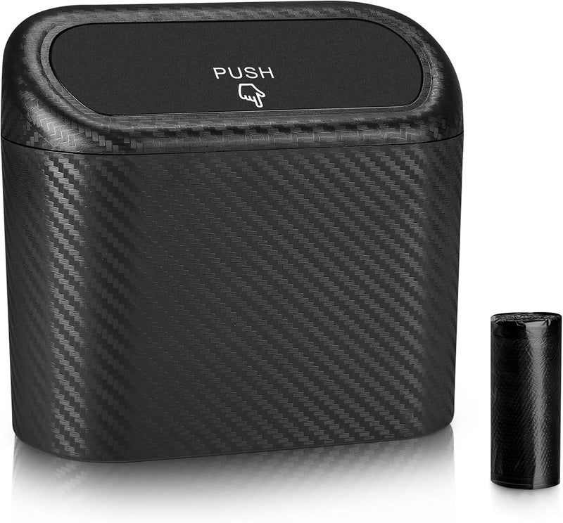 accmor Car Trash Can with Lid, Mini Vehicle Trash Bin Portable Car Dustbin Garbage Organizer Holder with One Roll Trash Bag, Small Hanging Leakproof Auto Storage Bag Container (Carbon Fiber) - Image 1