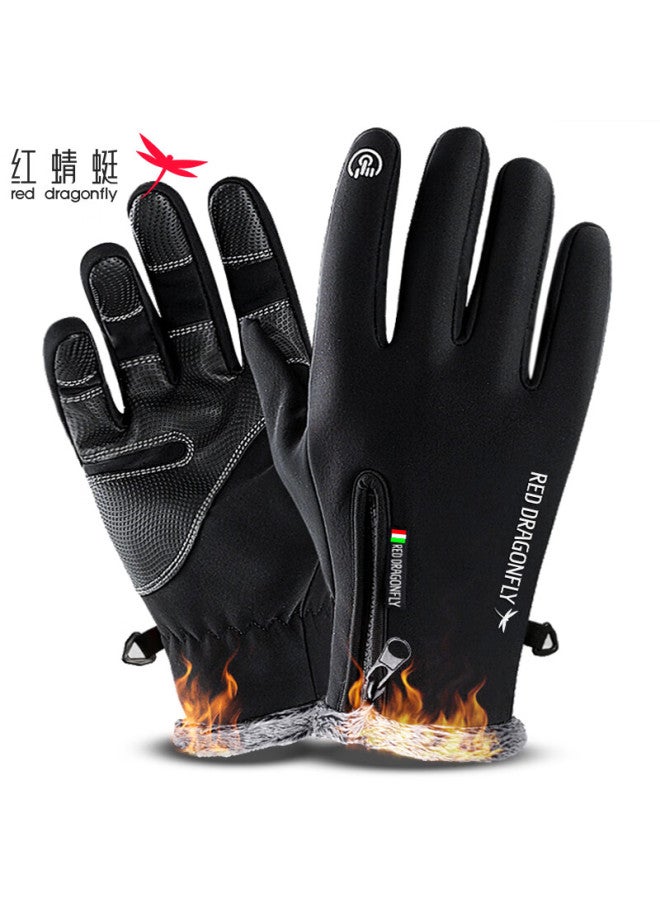 Red Dragonfly Riding Gloves For Men, Autumn And Winter Leather Gloves, Outdoor Touchscreen Motorcycle Water-resistant Windproof Warm Fleece-lined Sports Gloves, Zipper Closure Style - Image 1