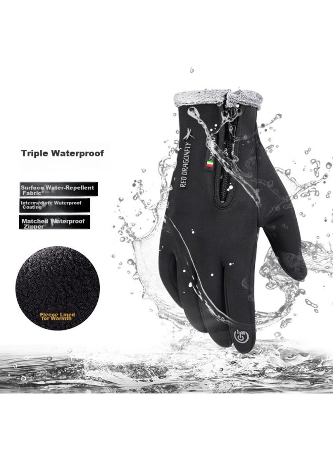 Red Dragonfly Riding Gloves For Men, Autumn And Winter Leather Gloves, Outdoor Touchscreen Motorcycle Water-resistant Windproof Warm Fleece-lined Sports Gloves, Zipper Closure Style - Image 3