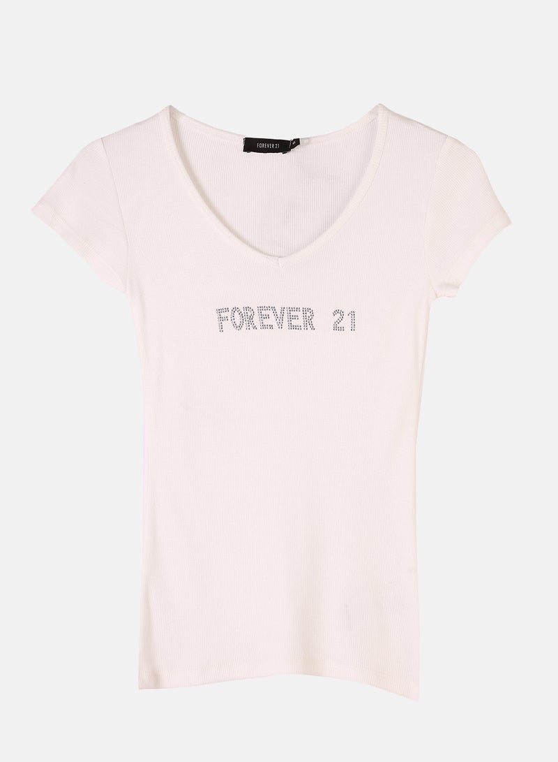 FOREVER 21 Rhinestone Logo V-Neck Ribbed Tee - Image 1
