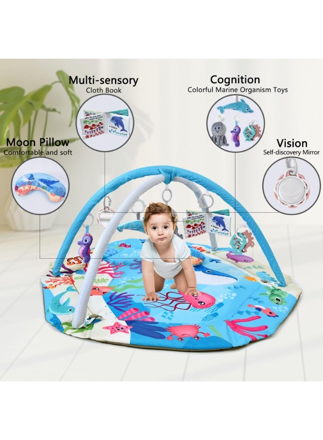 أسيف مجموعة من صالة الألعاب الرياضية للأطفال وسجادة اللعب متعددة الوظائف - مناسبة لاستكشاف الحواس وتطوير المهارات الحركية من الرضع إلى الأطفال الصغار، سجادة أنشطة مصنوعة من الفوم الناعم والآمن (43.5 × 43.9 × 50.0 سم)، تأتي مع 6 ألعاب تفاعلية، مرآة، وحوض كرات - Image 2