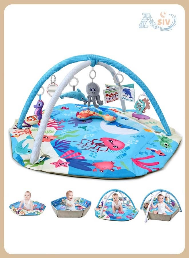 أسيف مجموعة من صالة الألعاب الرياضية للأطفال وسجادة اللعب متعددة الوظائف - مناسبة لاستكشاف الحواس وتطوير المهارات الحركية من الرضع إلى الأطفال الصغار، سجادة أنشطة مصنوعة من الفوم الناعم والآمن (43.5 × 43.9 × 50.0 سم)، تأتي مع 6 ألعاب تفاعلية، مرآة، وحوض كرات - Image 1
